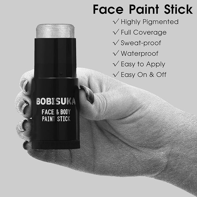 BOBISUKA Silver Face Paint Stick, Waterproof Metallic Silver Full Body Paint Sticks, Blendable Painting Kit for Halloween Makeup SFX Cosplay Special Effects Parties Cosplay Costume Stage