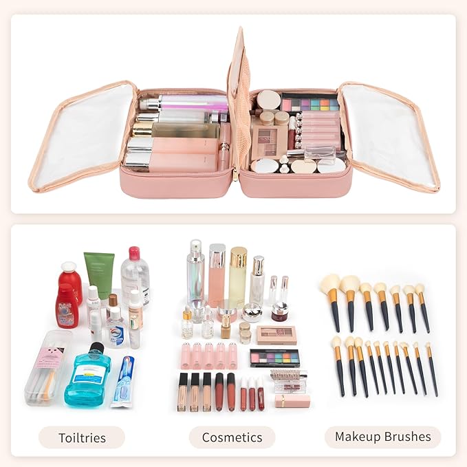 OCHEAL Makeup Bag, Makeup Travel Bag Large Capacity Cosmetic Organizer Bag with Makeup Brush Compartment & Handle for Women Girls Travel Toiletry Accessories-Pink