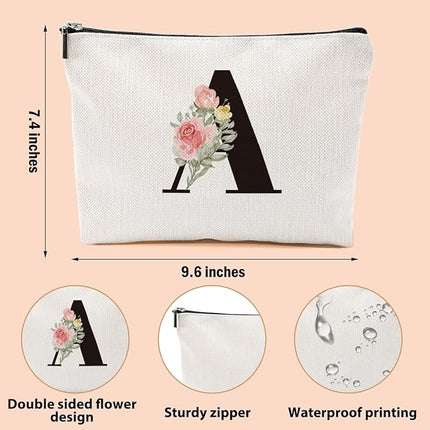 Personalized Makeup Bag, Initial Letter A Makeup Bag for Women Rose Monogram Cosmetic Bags Toiletry Pouch, Monogrammed Gifts for Women Mom Grandma Sister Friends Thanksgiving Christmas Birthday Gift