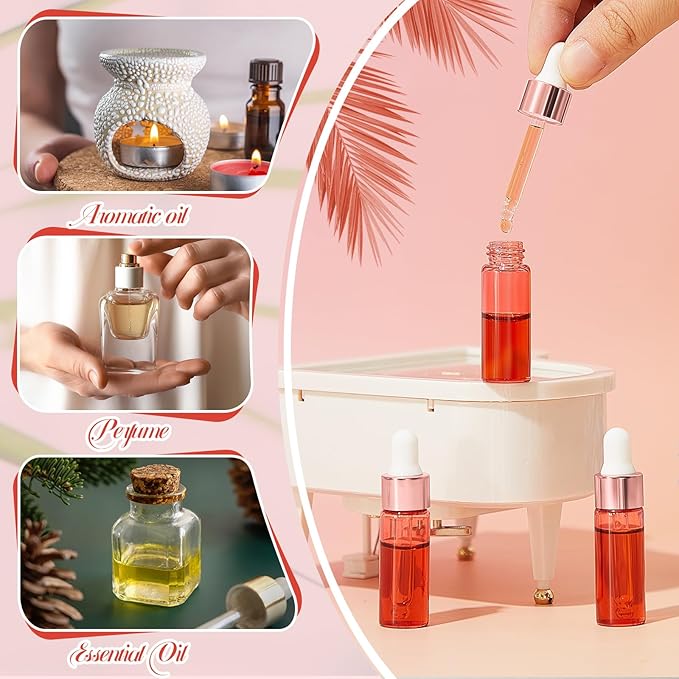 100 Pcs Mini Glass Oil Dropper Bottle Bulk, Clear Essential Small Empty Bottles Sample Containers Perfume Liquid Vials with Cap for Traveling (5 ml,Pink Body)