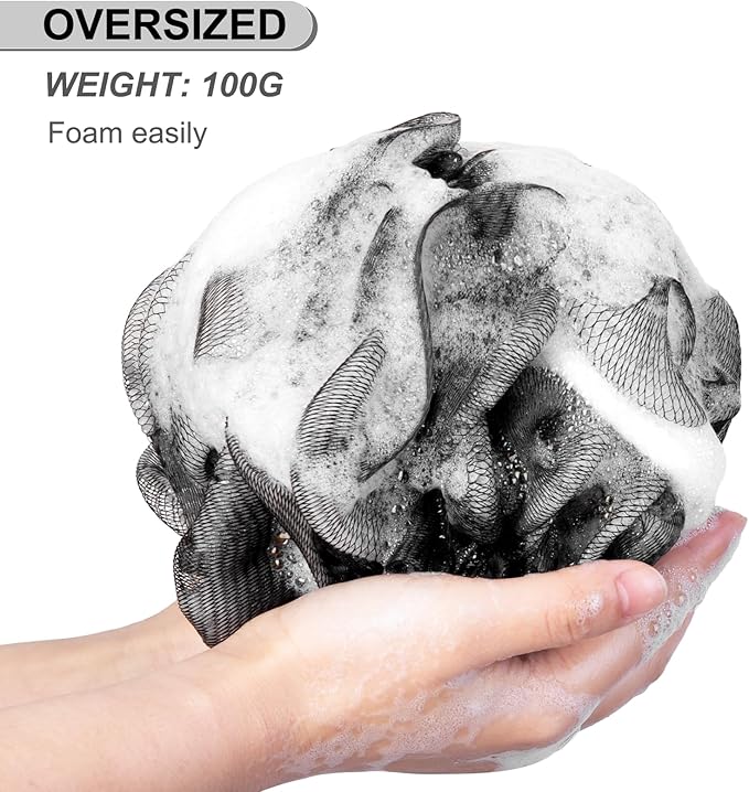 Loofah Sponge XXL-100g 4 Pack, Bath Sponge Soft Mesh Shower Puff Loofah for Men, Exfoliating Body Scrubber for Women, Shower Accessories (Black)