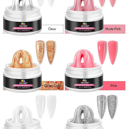 EBANKU Solid Builder Gel for Nail- 6 Colors Gold Hard Gel for Nails Extension Non-Sticky Long-Lasting Solid Gel Kit with 3D Silicone Mold for Valentine Carving Nail Art Salon Home Use