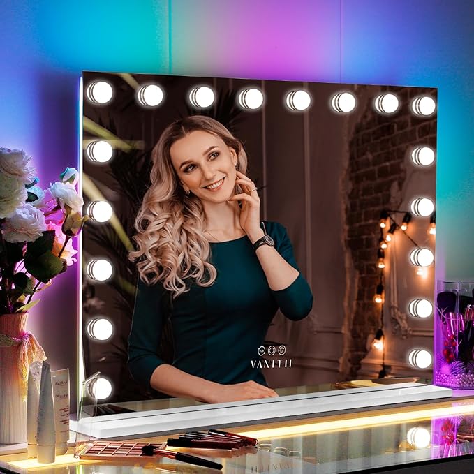 VANITII Vanity Mirror with RGB Lights 32"x23" Hollywood Makeup Mirror with 18 Dimmable Bulbs Lighted Vanity Mirror with Smart Touch for Bedroom Dressing Room