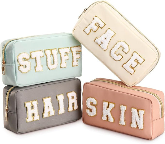 Cunno 4 Pcs Preppy Makeup Bags Chenille Letter Stuff Bag Nylon Cosmetic Pouch Cases with Zipper for Women Travel Toiletry