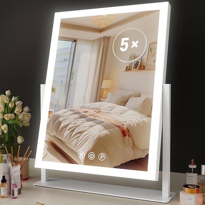 Lighted Makeup Mirror, 17.2"x13.6" Hollywood Vanity Mirror with Lights, Three Color Modes, Smart Touch Control, 360°Rotation,with 5X Magnifying Glass