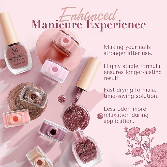 AZUREBEAUTY Pink Shades Nude Coral Champagne Glitter 8 Colors Nail Polish Set, Quick-Dry Perfect for Women Elegant Manicure Nail Art DIY Salon 10ml