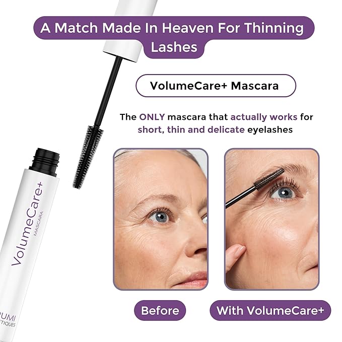 VolumeCare+ Mascara For Older Women - Extreme Length and Volume 2-in-1 Formula - No Clumps, Long-Wearing, Hypoallergenic Mascara For Sensitive Eyes (Natural Black)