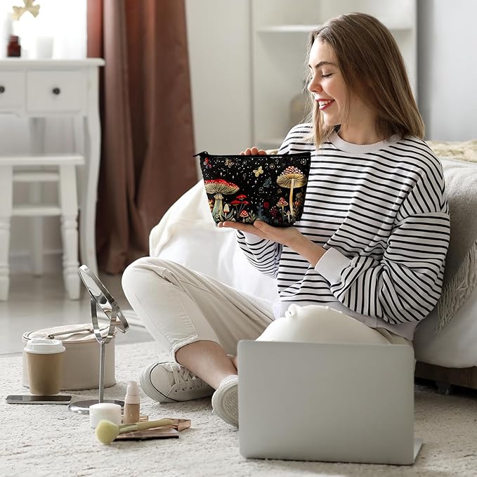 Mushrooms Makeup Bag Cosmetic Bag for Women,1Pcs Large Capacity Makeup Bags and 1Pcs Pencil Case Makeup Brushes Storage Bag Travel Toiletry Bag Organizer