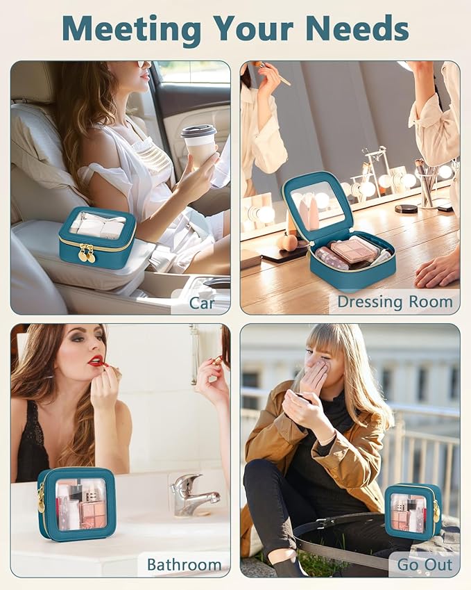 Mini Makeup Bag, Small Makeup Bag for Purse, Waterproof Clear Makeup bag, Leather Cosmetic Bag, Square Make Up Bag Pouch, Toiletry Bag for Travel, Car and Women, Blue