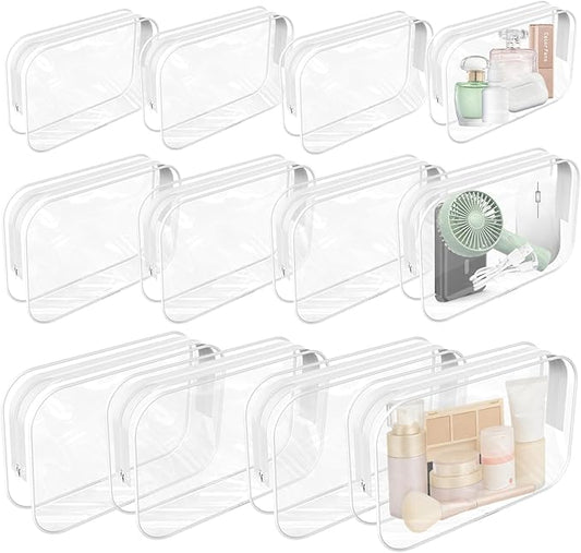 12 PCS Clear Makeup Bag for Women with Zipper, TSA Approved Toiletry Pouch, Cosmetic Bag Bulk for Travel Organizer Diaper, Toy, Gift (White)
