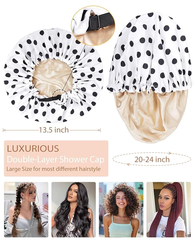 Shower Cap Large Shower Caps for Women Reusable Waterproof with Adjustable Band Double Layer Design Large Luxury Washable Bath Hair Bonnet (Black Dot)