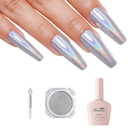 Imtiti Holographic Silver Chrome Nail Powder Kit,1g Holo Iridescent Silver Meatllic Mirror Effect Powder with 10ml White Color Gel Polish Metal Nail UV DIY Kit