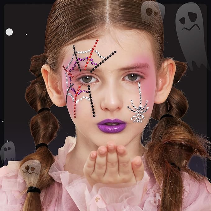 YGDZ Face Gems for Women, Halloween Face Jewels Stickers, 4 Color (Red, Black, Purple, Silver) Spider Web Rhinestones for Face Makeup, Rave Accessories