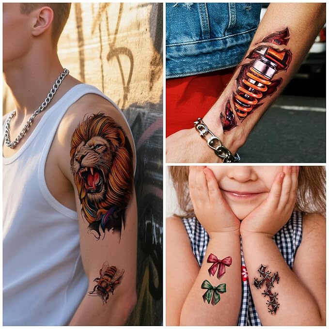 77 Sheets 3D Realistic Temporary Tattoos Adults Kids, Spider Skull Tiger Lion Dragon Snake Temporary Tattoos for Women Men, Half Arm 3D Halloween Temp Tattoos Body Shoulder Tatoos Waterproof