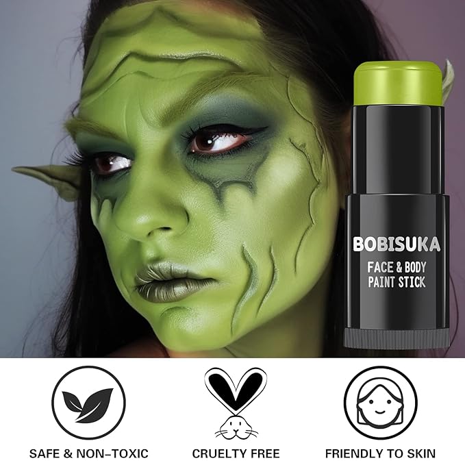 BOBISUKA Ogre Green Face Body Paint Stick, Light Green Eye Black Painting Sticks for Sports, Facepaints Makeup for Halloween Goblin Zombie Witch Camo Hulk Cosplay Special Effects Costume SFX