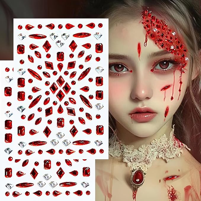 Face Jewels Stick on Face Costume Red Gems Self-Adhesive Makeup Halloween Dress Up Rhinestone Stickers for Festival Holiday Party Accessories (red_scar)