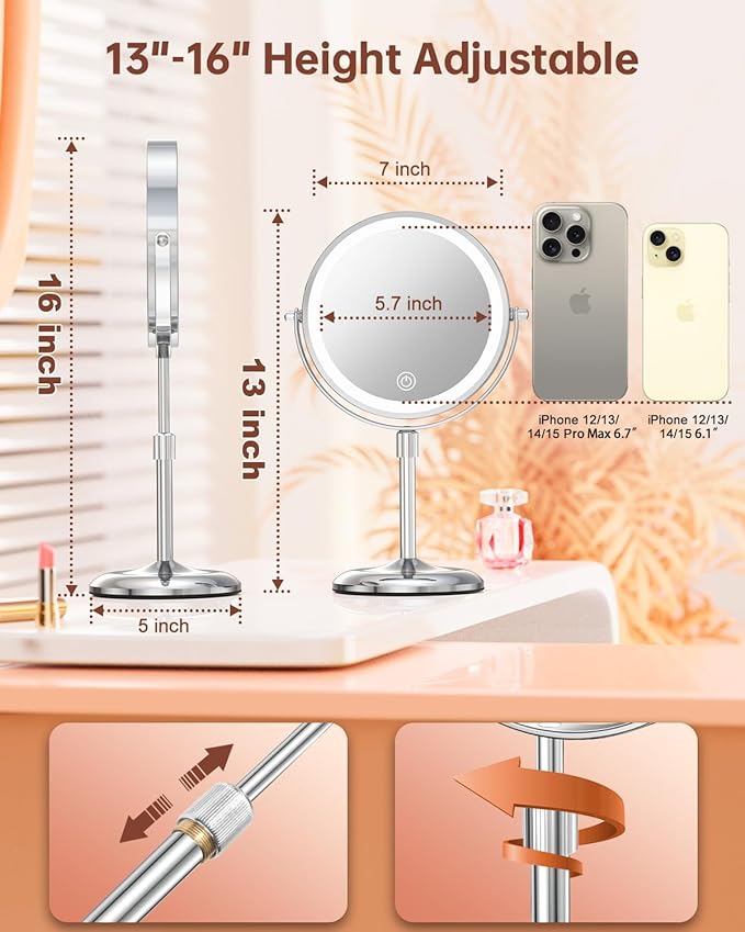 Benbilry Lighted Makeup Mirror with 10X Magnification & 3 Color Lights, Adjustable Brightness & Height, 7 Inch 360° Swivel Rechargeable LED Magnifying Make Up Mirror with Lighting (Silver)