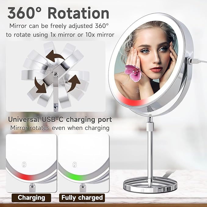 1X/10X Magnifying Makeup Mirror with Lights - 9" Large Dual-Sided Vanity Mirror with 3 Color Lights for Women's Travel Cosmetic Mirror | 3000 mAh-USB Rechargeable | 360° Rotation | Adjustable Height