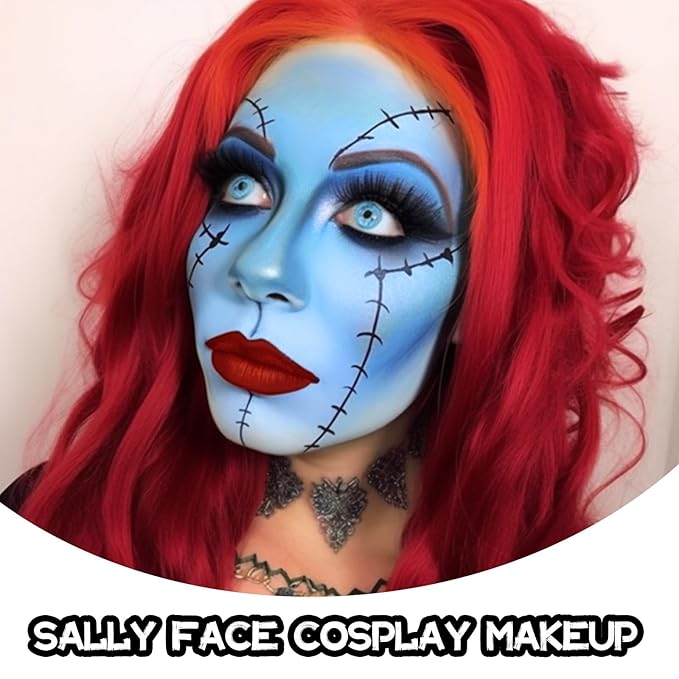 6 PCS Halloween Sally Makeup Set - Includes Light Blue Face Body Paint(60ml), Black Eyeliner, False Eyelashes, Red Lipstick - Oil-Based SFX Face Painting Kit for Costume, Cosplay, Dress-Up Party