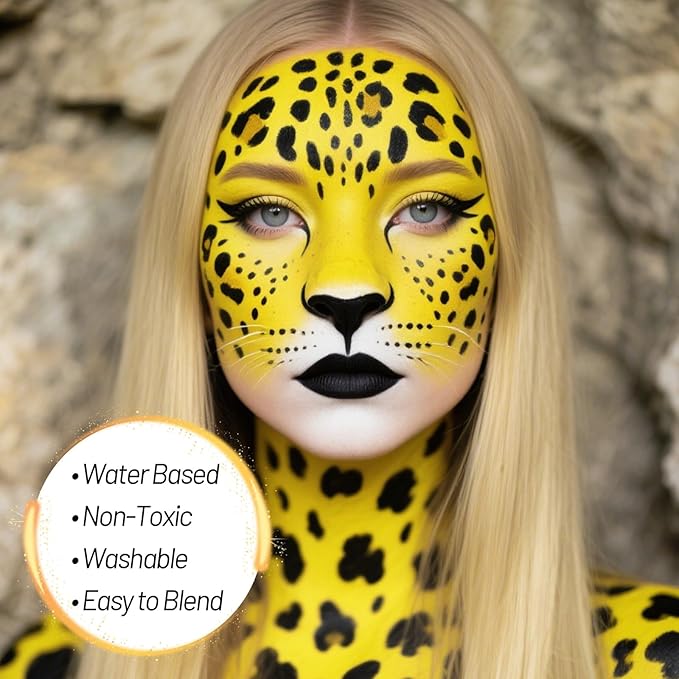 Yellow Water Based Face Body Paint, 2.37 OZ Large Tube Full Coverage Face Paint for Lion Tiger Cosplay, Washable Yellow Body Painting Cream for Adult Carnival Stage Halloween SFX Makeup