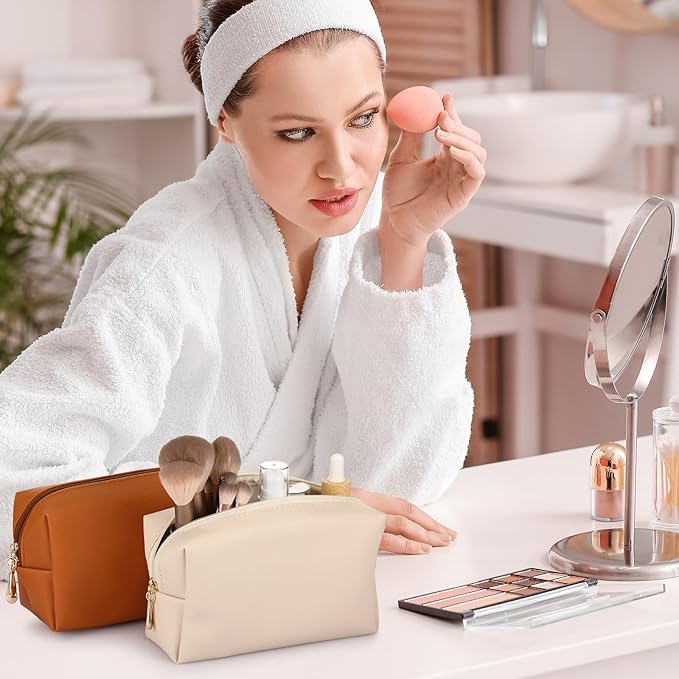 Sanwuta 9 Pcs Makeup Bags Bulk PU Double Zippers Cosmetic Bag Makeup Toiletry Pouch Portable Travel Organizers Case for Women Bachelorette Party End of The Year Bridesmaid Gift(Brown Series)