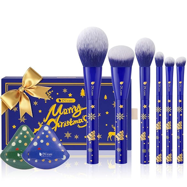 DUcare Christmas Gift Set 8Pcs,With 6pcs Makeup Brush Set 2pcs Makeup Puffs Kabuki Foundation Blending Face Powder Blush Concealers Eye Shadows Brushes