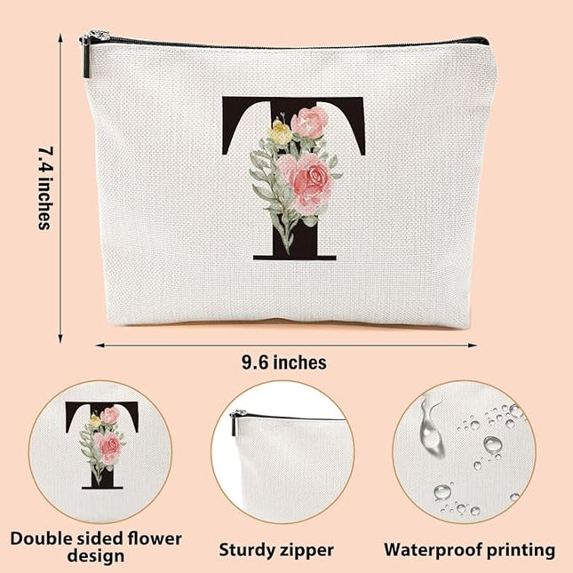 Personalized Makeup Bag, Initial Letter T Makeup Bag for Women Rose Monogram Cosmetic Bags Toiletry Pouch, Monogrammed Gifts for Women Mom Grandma Sister Friends Thanksgiving Christmas Birthday Gift