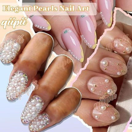 qiipii Beige White Flatback Pearls w B7000 Glue for Bedazzling Crafting 3/4/5/6/8/10mm Ivory Half Round Pearl Bedazzling Beads Gems Bedazzler Kit for Nails Face Eyes Makeup Tumblers Bottles DIY Crafts