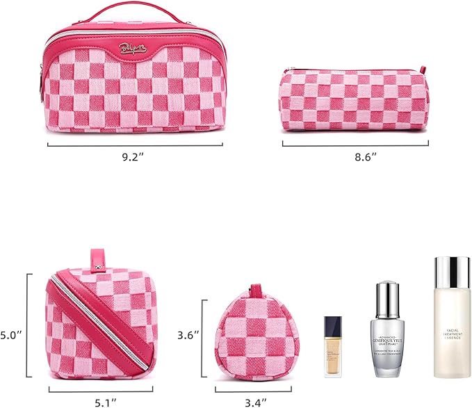 BOYATU Travel Makeup Bag for Women: Large Cosmetic Bag Set of 3 - PU Leather Make up Bag with Compartments - Compact Waterproof Toiletry Bag with Divider & Handle (C-04Red)