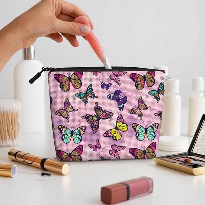 MOLAIGIN Pink Butterfly Butterflies Cosmetic Bag For Women, Travel Makeup Bag, Toiletry Zipper Bag, Large Capacity Aesthetic Cases