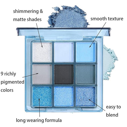 K'APEINE Blue Eyeshadow Palette, 9Colors Matte Shimmer Eyeshadow with Grey Black Highly Pigment Makeup Palette Waterproof Eye Shades for Rave Party, Stage Performance, Music Festival and Costume-LG2