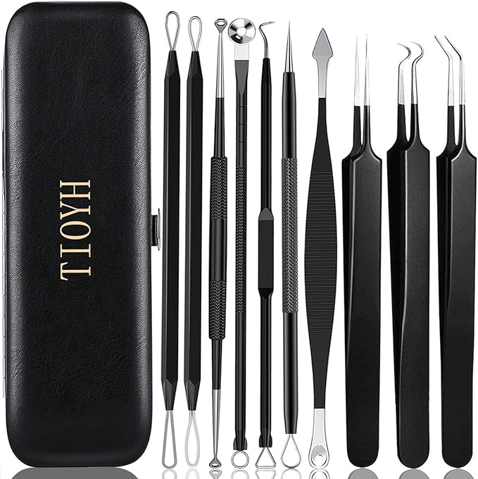 Professional Pimple Popper Tool Kit,10 PCS Blackhead Remover Tweezers,Extractor Acne Removal Kit for Easy Removal for Pimples,Comedone Extractor Tools for Removing Zit,Acne Removal Kit (Black)