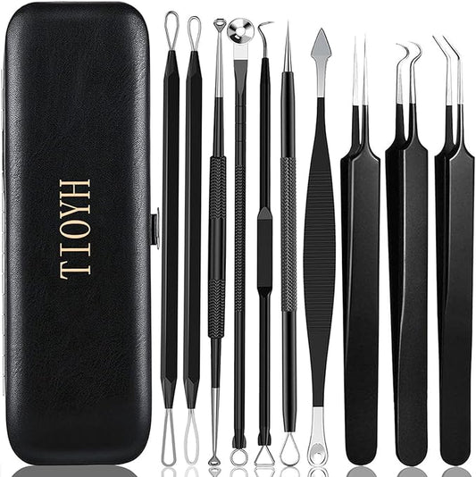 Professional Pimple Popper Tool Kit,10 PCS Blackhead Remover Tweezers,Extractor Acne Removal Kit for Easy Removal for Pimples,Comedone Extractor Tools for Removing Zit,Acne Removal Kit (Black)