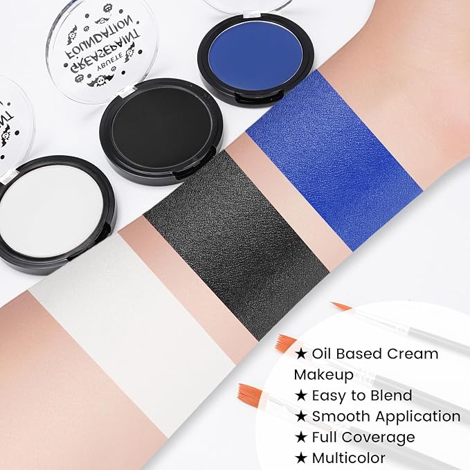 Blue Black White Oil Based Face Paint Kit with Painting Brushes, Professional Full Coverage Greasepaint for Adults Halloween Cosplay SFX Avatar Smurf Mermaid Makeup Stage Theater
