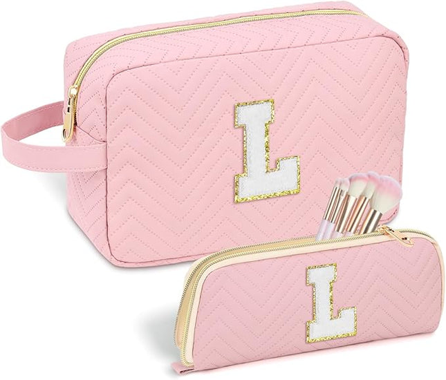 Personalized Initial Makeup Bag Waterproof Leather Cosmetic Bag Travel Toiletry Bag, Valentine’s Day Gift Makeup Organizer Case & Makeup Pouch for Women Teen Girls Mom Girlfriend Wife