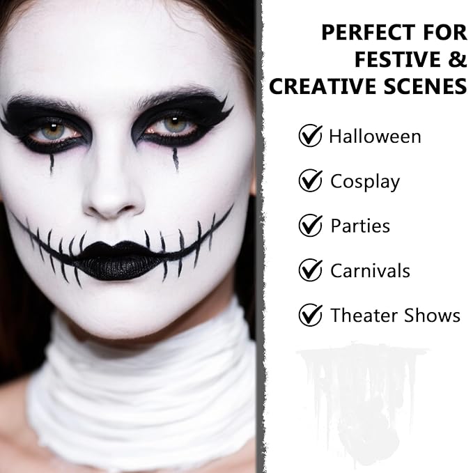 White Face Body Paint Kit for Kids & Adults, Non-Toxic Water-Based Professional Face Painting Palette with Brushes for Halloween Clown Goth Vampire SFX Makeup, Art Stage Cosplay Parties