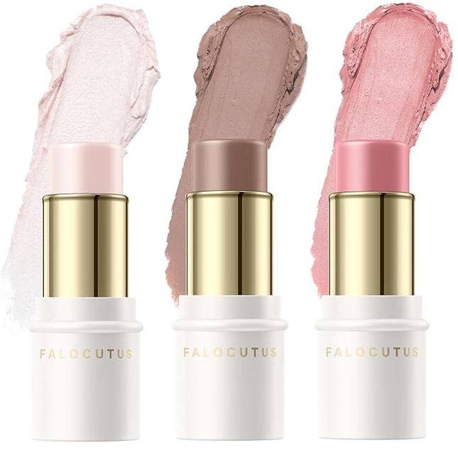 FALOCUTUS 3 Pcs FAIR-COOL Contour Stick Set,Cream Blush & Highlighter Bronzer Pen,Long Lasting & Smooth Natural Face Contouring Illuminator,Professional Makeup Kit for All Skin