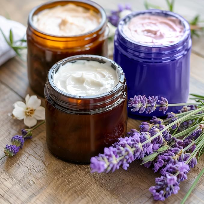 4 oz Amber & Blue Glass Jars with Lids - 32 Pack Leakproof Cosmetic Containers with Inner Liners, Wide-Round Smooth Mouth, Sealable for Creams, Lotions, Essential Oils, Travel Samples