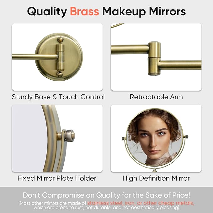 GURUN 8" Wall Mounted Makeup Mirror with 10X Magnification,Two-Sided Swivel Bathroom Mirror,Antique Satin Brass Finish M1306K(8in,10x)