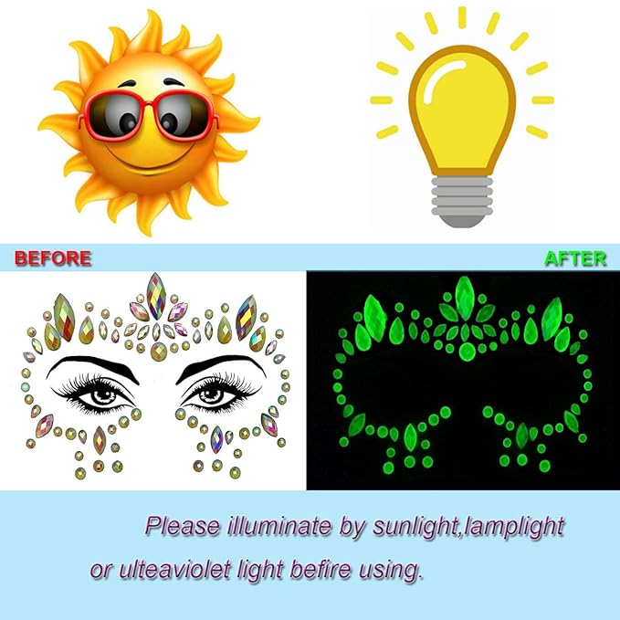 6Sets Noctilucent Face Gems Blacklight Body Stickers Glow in The Dark Lumino Face Jewels Fluorescent face Tattoo Crystals Rhinestone Sticker Body Jewelry Party Accessories for Halloween