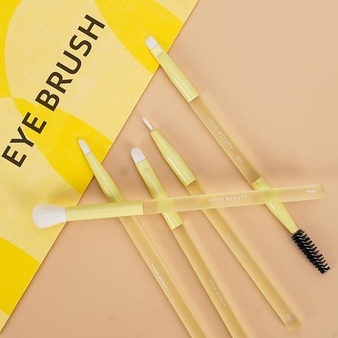 5pcs Yellow Eyes Make up Brush Set Soft Fiber & Rubber Handle Premium Small Brushes Kit, Includes Concealer, Blending, Eyeshadow, Dual-ended Brow and Lash Brushes ideal for Eye Makeup