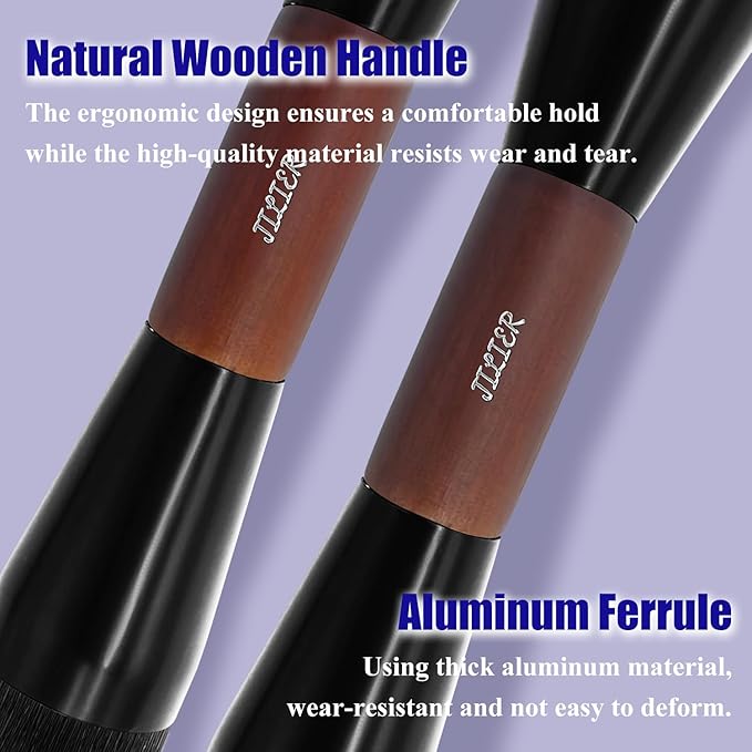 JILIER Double Ended Blush Powder Brush, Duo Bronzer Brush Highlighter, Foundation Contour Brush, for Liquid, Cream, Powder,Blending, Buffing –Premium Bristles, Natural Wood Handle makeup brushes