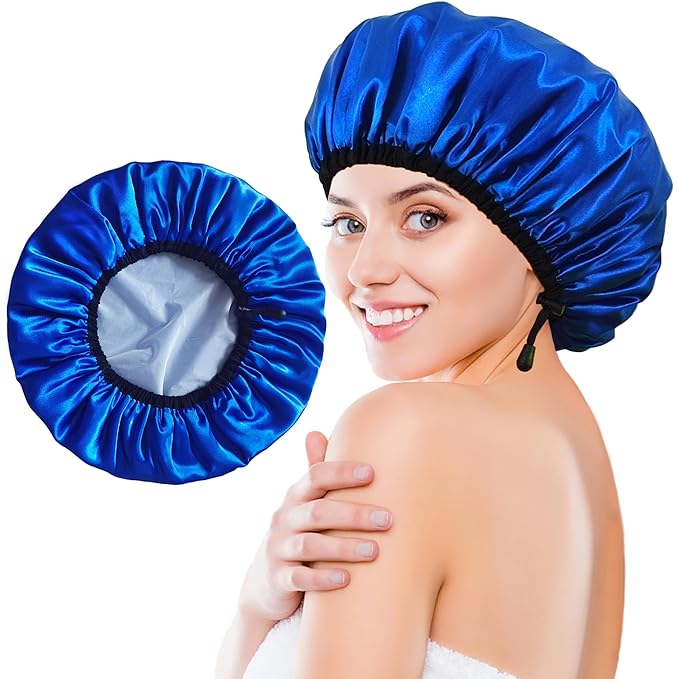 Shower Cap for Women, Large Shower Caps Reusable Waterproof with Elastic Band, Silky Satin Double-layer Bath Cap for Braids Long Hair