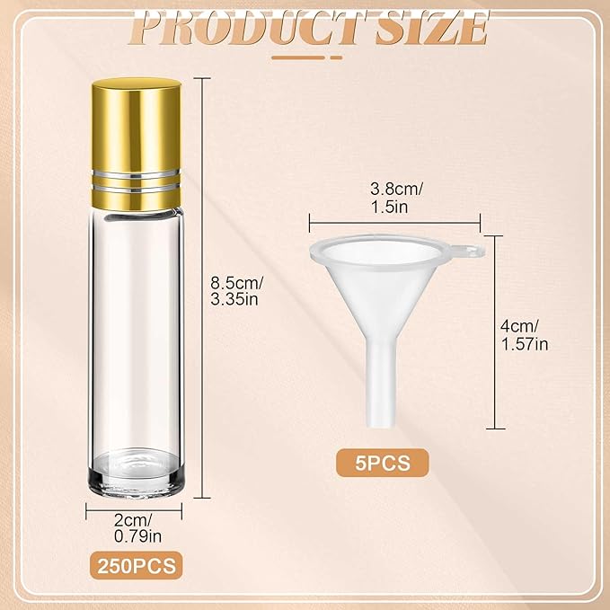 Sumind Essential Oil Roller Bottles - 250 Pcs, 10 ml Glass, Stainless Steel Roller Balls, Leakproof, Funnel Included(Clear with Gold Cap)