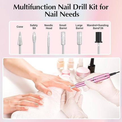 JIASHENG USB Electric Nail Drill, Portable Electric Nail File for Acrylic Gel Nails, Professional Drill Nail Kit Manicure and Pedicure Kit with Drill Bits for Home and Salon Use, Pink