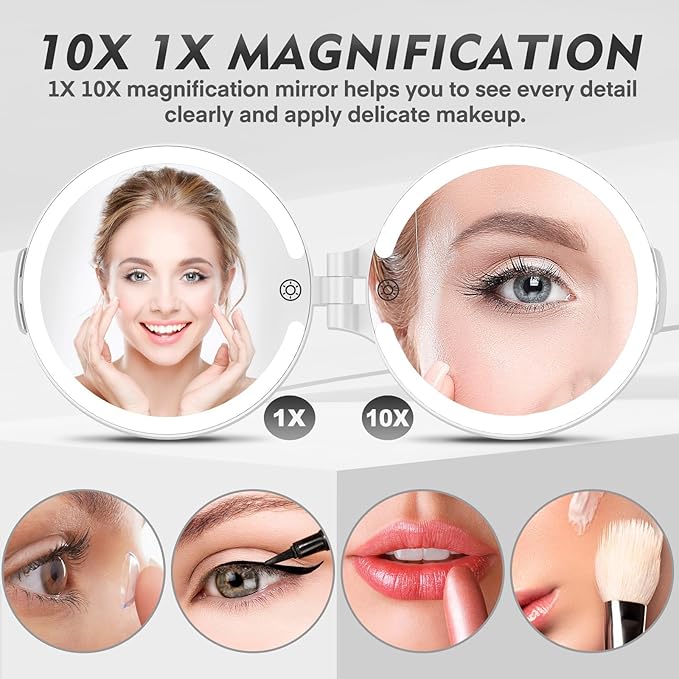 FUNTOUC Travel Mirror with Light, 1X/10X Double Sided Magnification Makeup Vanity Mirror with 3 Color Setting, Chargeable Foldable Portable Travel Essential Vanity Mirror with Bag