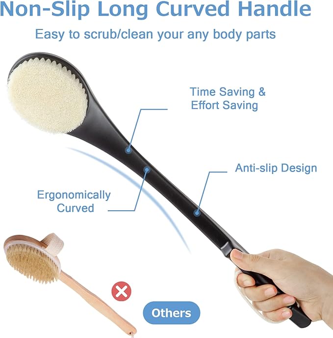 Body Back Scrubber – 17'' Long Handle Shower Brush, Durable Exfoliator for Dry & Wet Use, Deep Cleansing & Gentle Exfoliation for Smooth Skin – for Men, Women & Elderly (Black)