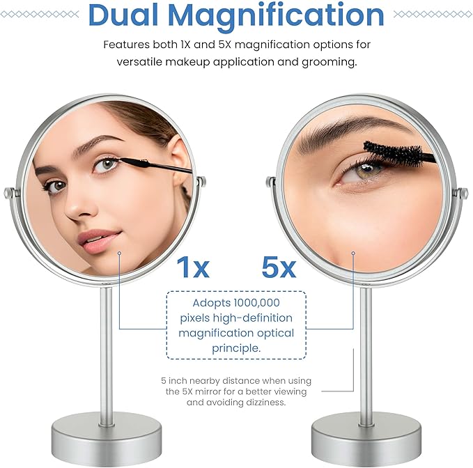 KIBI Free Standing Magnifying Makeup Mirror | Dual-Sided 1X/5X Magnification | 360° Rotating Vanity Mirror for Precise Grooming, Skincare & Beauty (Brushed Nickel, KMM103)