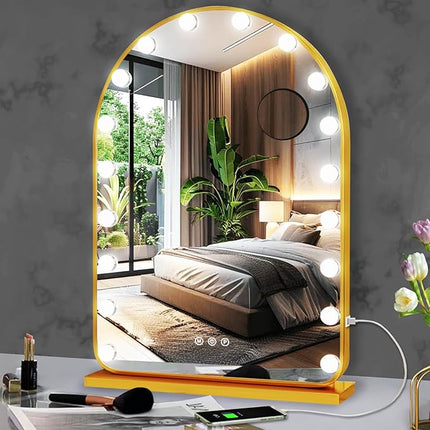 THEKLA Gold Arch Hollywood Vanity Mirror with Lights for Makeup Desk Table Wall Detachable Base Stand X10 Magnifying Dimmable 3 Color Lights 18 Bulbs