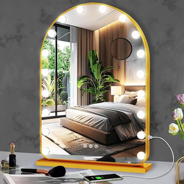 THEKLA Gold Arch Hollywood Vanity Mirror with Lights for Makeup Desk Table Wall Detachable Base Stand X10 Magnifying Dimmable 3 Color Lights 18 Bulbs